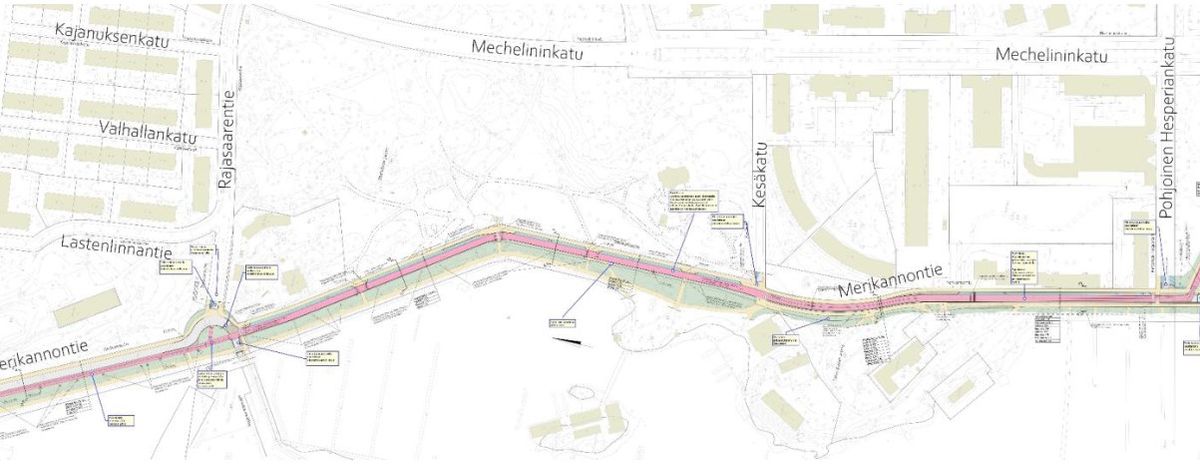 Kuvakaappaus suunnitelmasta ja Merikannontien rantaviivasta.